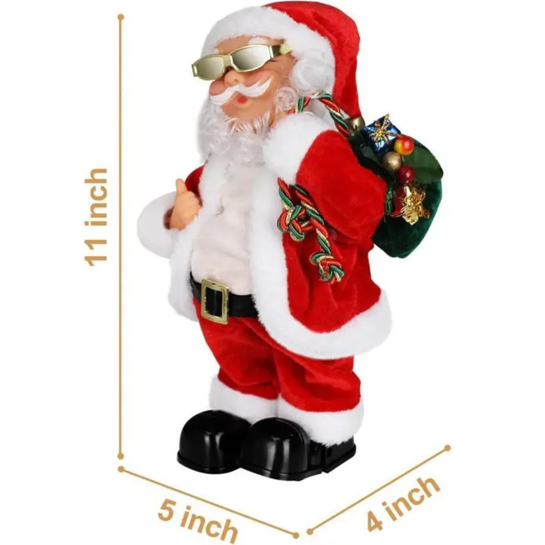 Festive electric Santa Claus figure that moves his belly and feet, sings and dances.