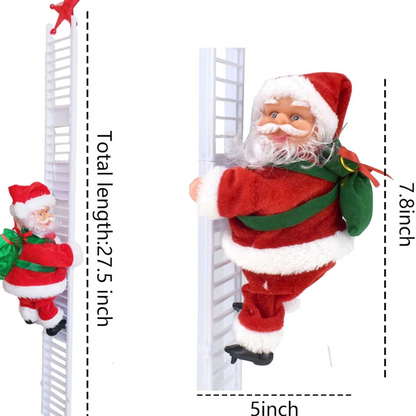 Santa Claus climbing up the Christmas tree ladder