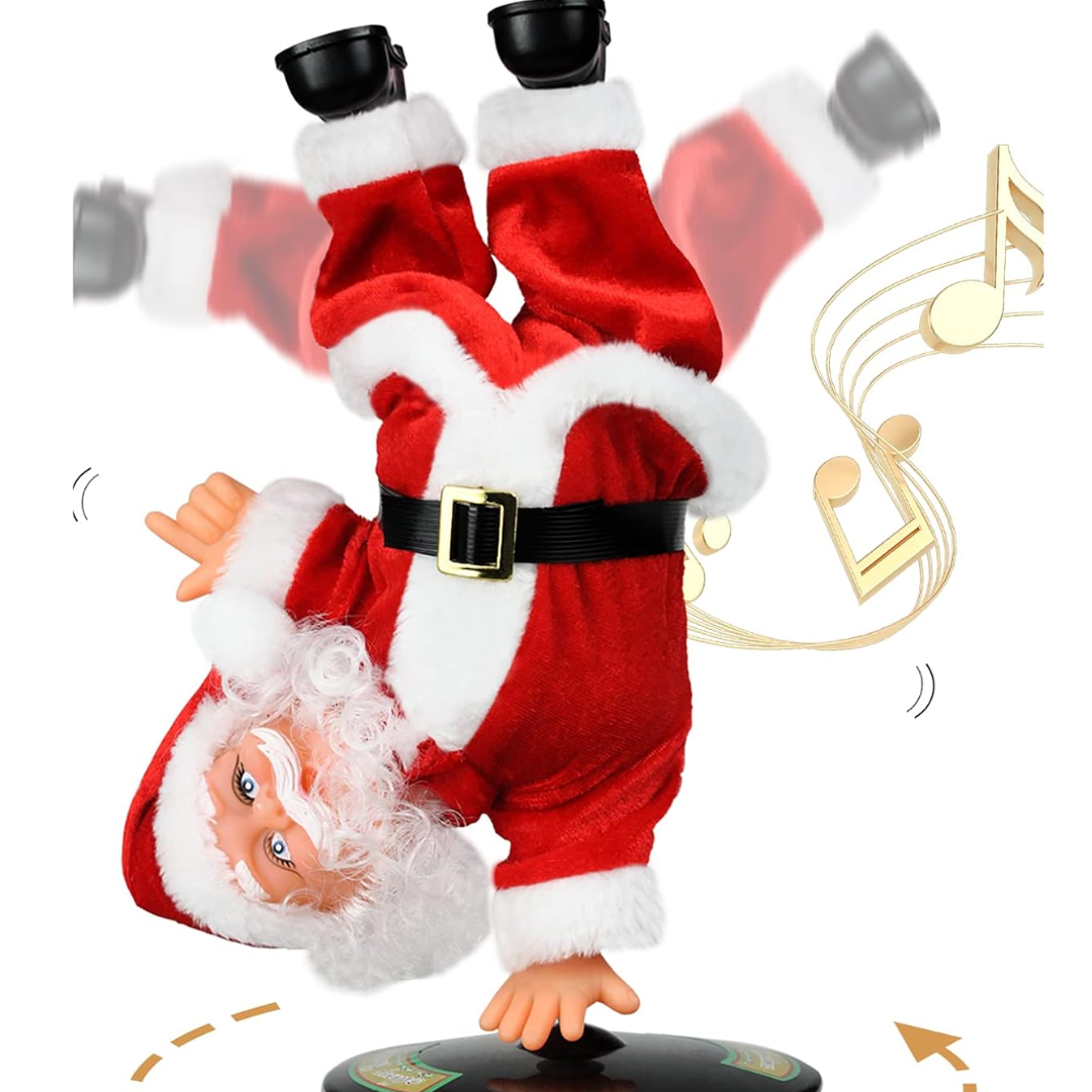 Santa Claus inverted and breakdancing