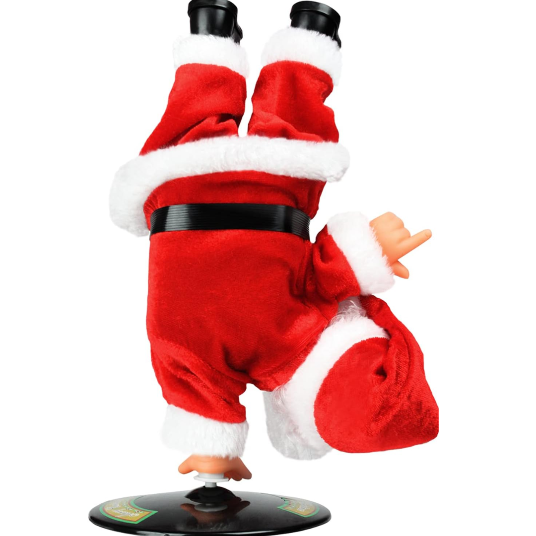 Santa Claus inverted and breakdancing