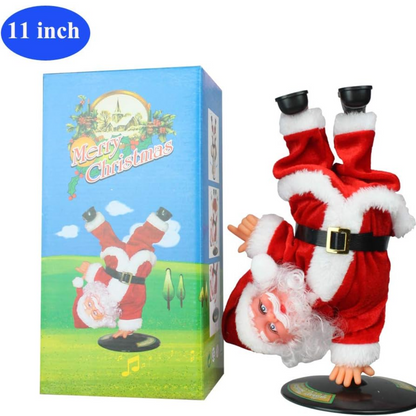 Santa Claus inverted and breakdancing