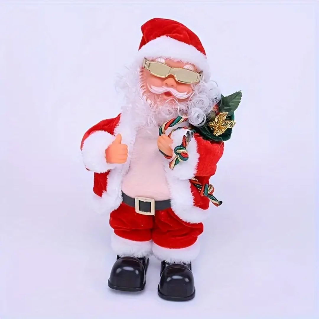 Festive electric Santa Claus figure that moves his belly and feet, sings and dances.