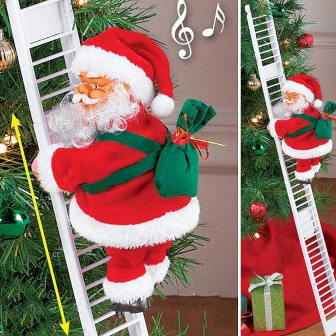 Santa Claus climbing up the Christmas tree ladder