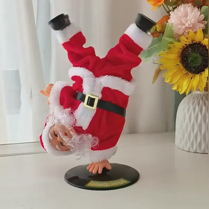 Santa Claus inverted and breakdancing