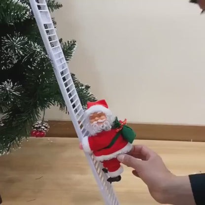 Santa Claus climbing up the Christmas tree ladder