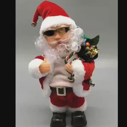 Festive electric Santa Claus figure that moves his belly and feet, sings and dances.